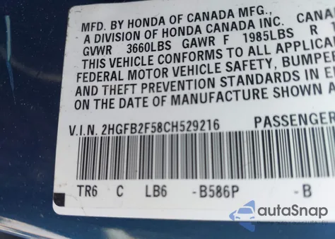 2012 Honda Civic Lx z USA, uszkodzony, nr VIN 2HGFB2F58CH529216